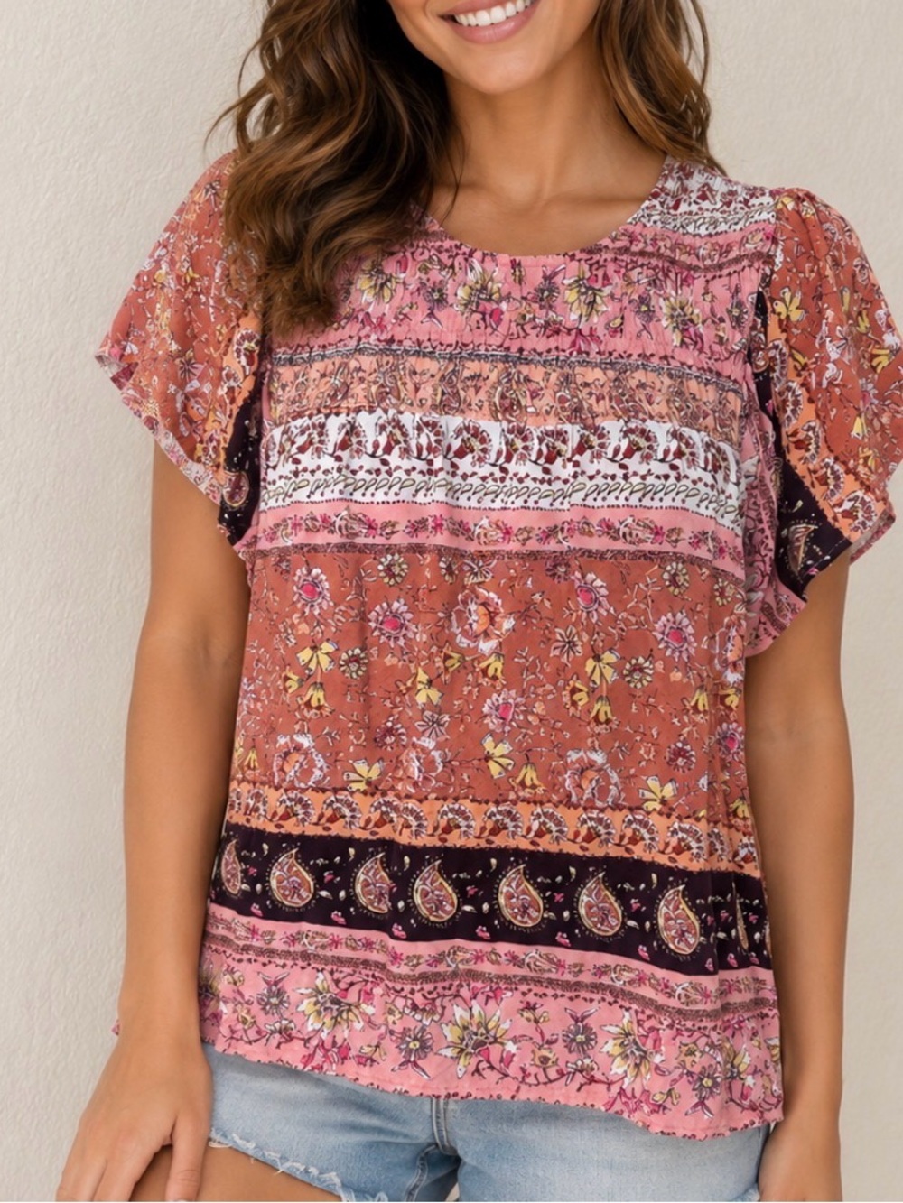AUW Pink and Rust Paisley Floral Boho Blouse boxy SZ MD Bohemian patchwork